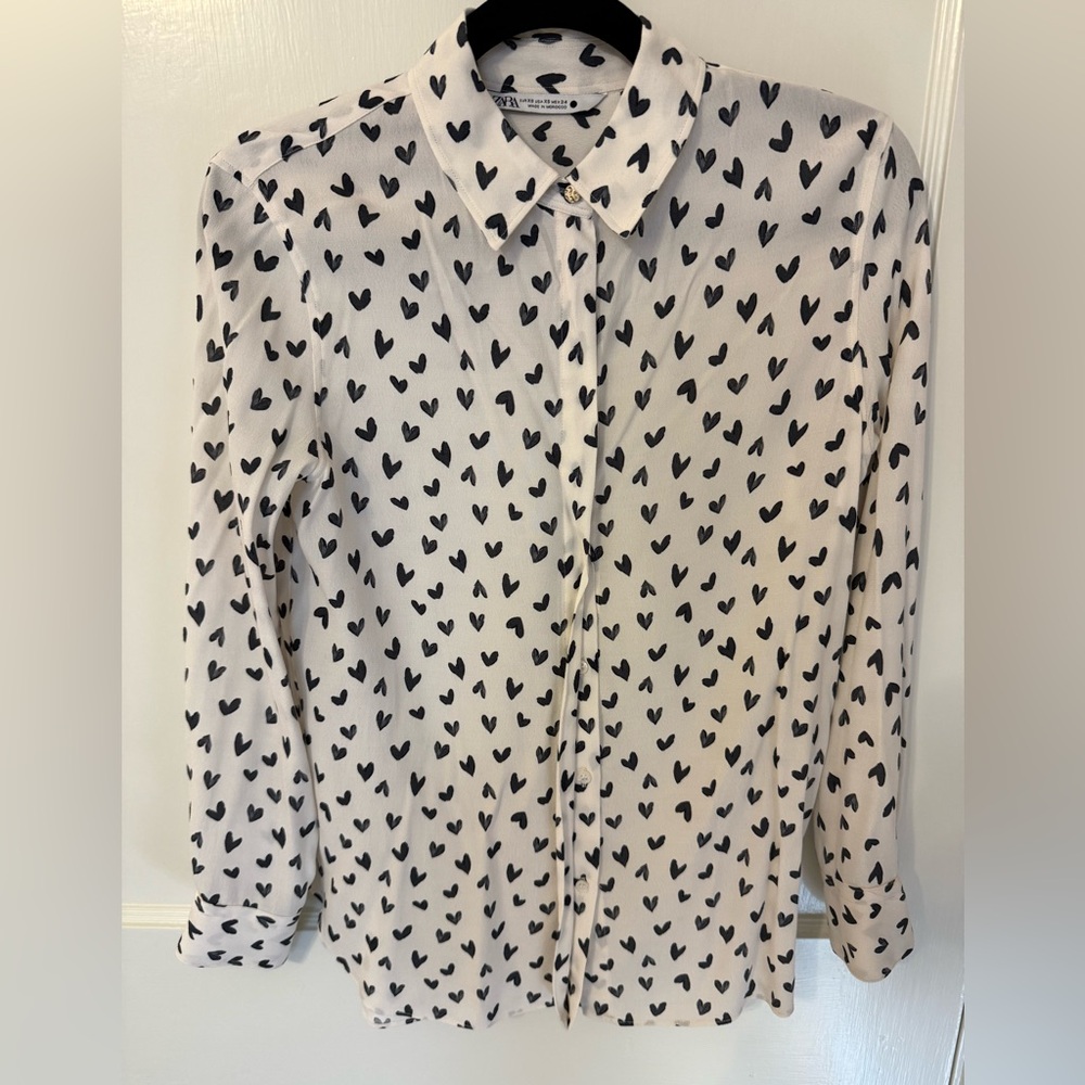 Zara Heart Print Button-Up Blouse